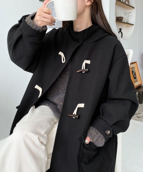 セール】ライトニットメルトンフードありロングダッフルコート