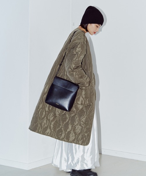 セール】ノーカラーキルティングロングコート（ダウンジャケット