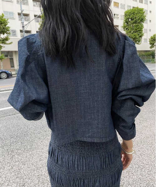 Ameri（アメリ）の「2WAY DENIM RANDOM SHIRRING DRESS（ワンピース