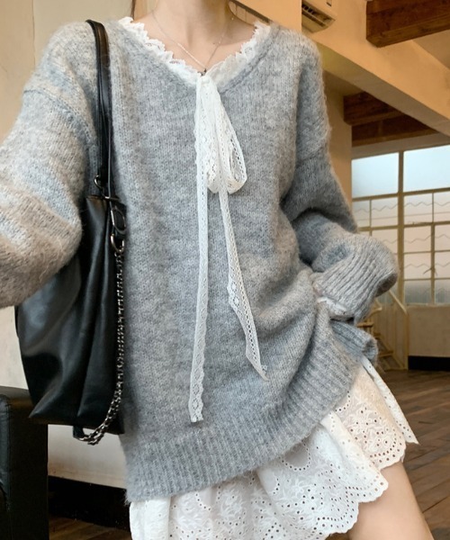 セール】2種類選ぶ 異素材ドッキング vネックレースリボンニット