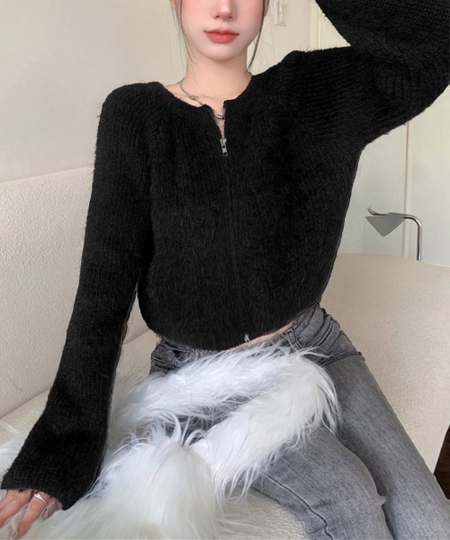 セール】ダブルジップ シャギーニット ショート丈（ニット/セーター