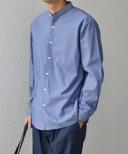 SHIPS any: ストライプ / ソリッド リラックス バンドカラー シャツ