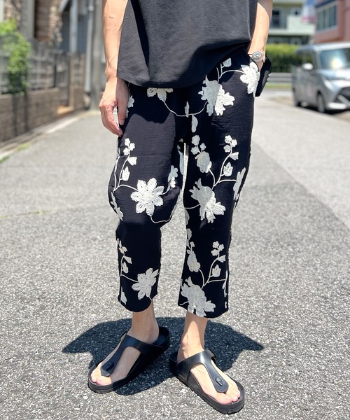 クロップドパンツ メンズ 花柄 刺繍 夏 涼感 スラックス（その他パンツ