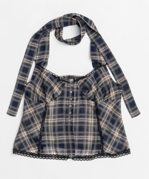 Plaid Halter Peplum Sheer Tops/チェックホルターペプラムシアー