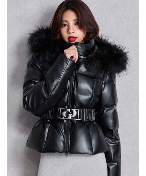 GDベルト付きフェイクレザーショートダウンコート（ダウンジャケット