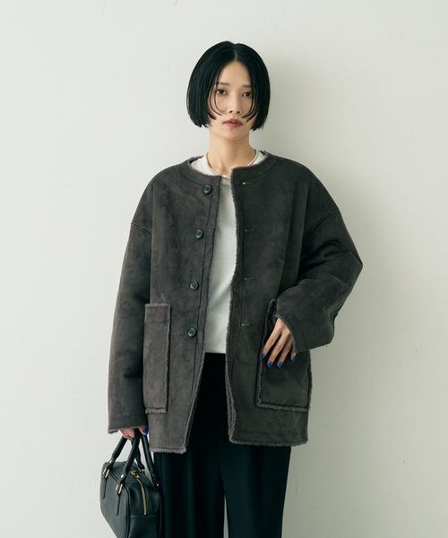 2サイズ展開】2WAYスウェードリバーシブルボアコート/ノーカラーコート