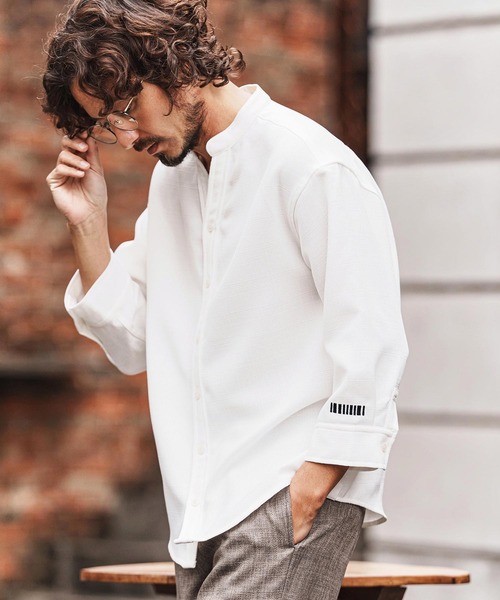 ms6345-Linen Like Fabric Band Collar Shirts バンドカラー七分袖
