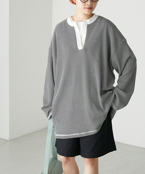 forksy.】ワッフルヘンリーネック配色ステッチロンT forksy.│MONO