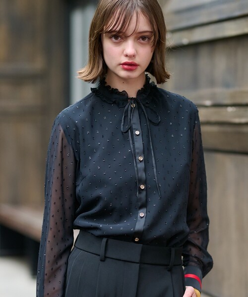 セール】【otonaMUSE11月号掲載/洗える】フィルムドットフリルネック