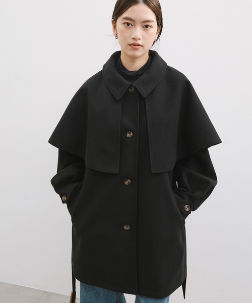 ケープ＆ベルト付きフェイクウールミドルコート（ステンカラーコート