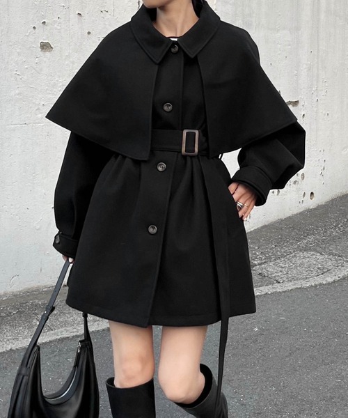 ケープ＆ベルト付きフェイクウールミドルコート（ステンカラーコート