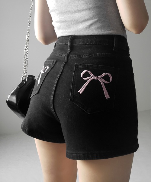 2color 】バックリボンストレッチデニムショートパンツ ／ back