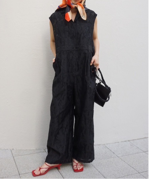 Ameri（アメリ）の「SHEER JACQUARD TAILORED ROMPERS（つなぎ