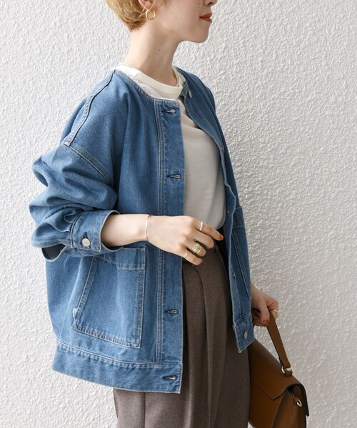 SHIPS any: ノーカラー デニム ブルゾン［SHIPS any DENIM］（デニム