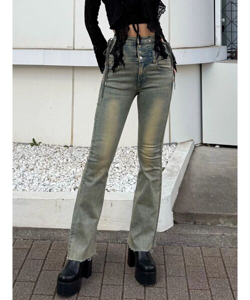 セール】サイドオープンハイウエストフレアパギンス（デニムパンツ