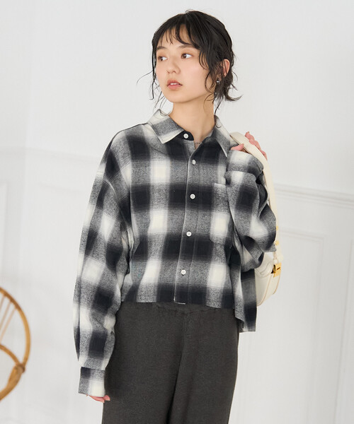 オンブレ チェックシャツ/ショート丈チェックシャツ/ネルシャツ