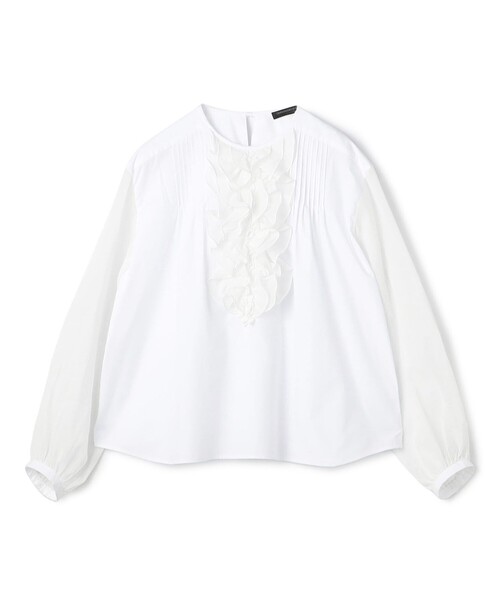 セール】ホワイトコンビネーション ラッフルブラウス（シャツ/ブラウス