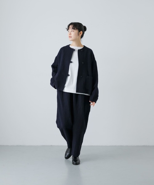 かぐれ（カグレ）の「ウールリネンクルーネックジャケット（ノーカラー