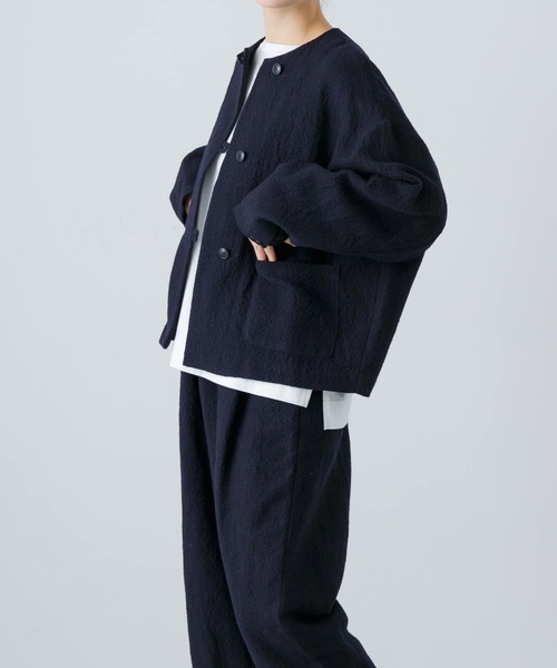 かぐれ（カグレ）の「ウールリネンクルーネックジャケット（ノーカラー