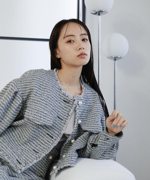 セール】◇フリンジツイードノーカラージャケット（ノーカラー