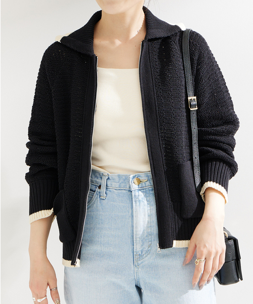 セール】襟付きバイカラーニットジャケット（カーディガン/ボレロ