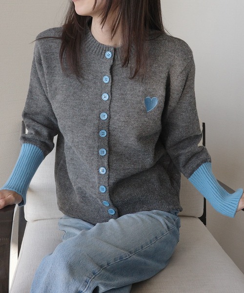 セール】配色ボタン × ハート刺繍ニットカーデ（カーディガン/ボレロ