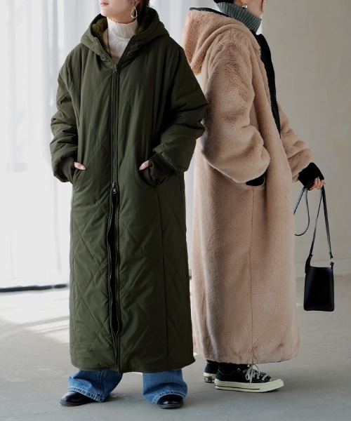リバーシブル 撥水 × 中綿 × エコファー ロングアウター（ノーカラー