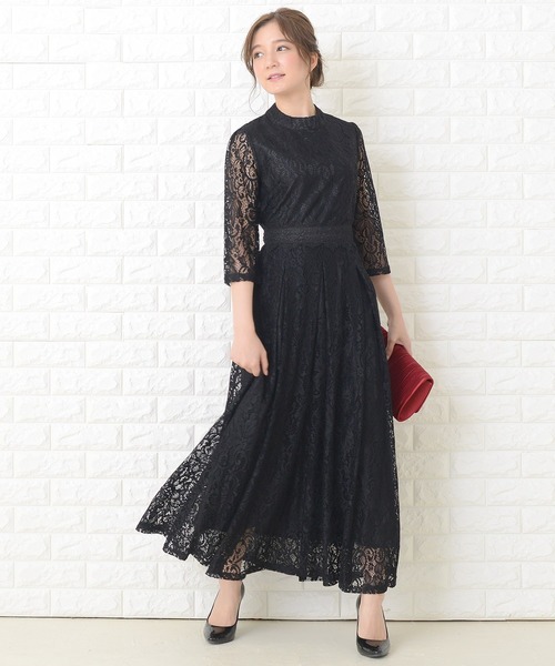 花柄総レースロング丈フレアワンピース・ドレス（ドレス）｜Lace