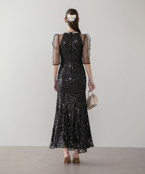 LEJA】ビジューネックスパンコールシアーマーメイドワンピースドレス