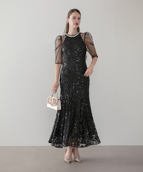 LEJA】ビジューネックスパンコールシアーマーメイドワンピースドレス