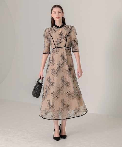 LEJA】配色パイピングプチハイネック花柄刺繍ラメレースロング丈ドレス