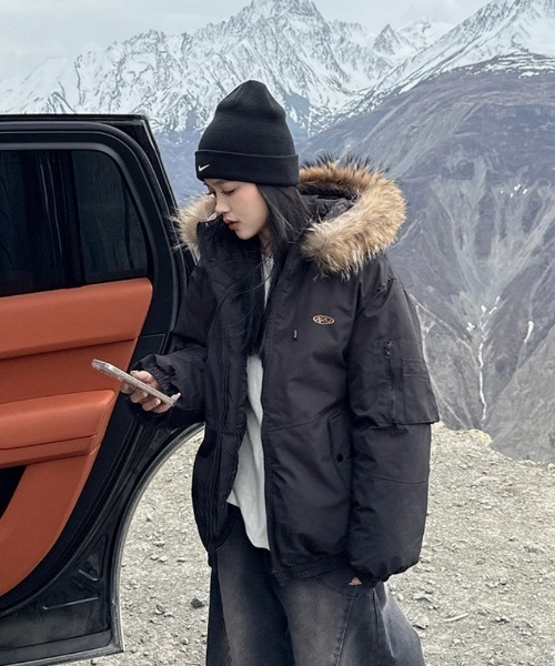 セール】フェイクファーフード付き スタンドカラー エコダウン