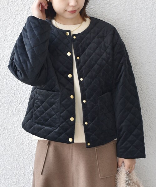 セール】SHIPS Colors:ポリエステルベロア ノーカラー キルティング