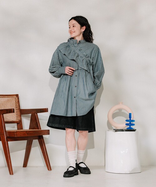 セール】マルチフリル付き ストライプミニワンピース（ワンピース