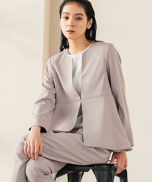 セール】ノーカラーペプラムジャケット テーパードパンツ セットアップ
