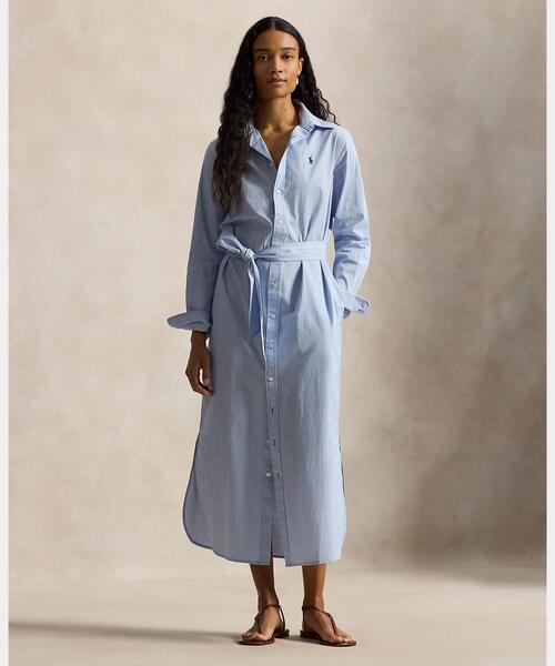 ベルテッド ストライプド コットン シャツドレス（シャツワンピース