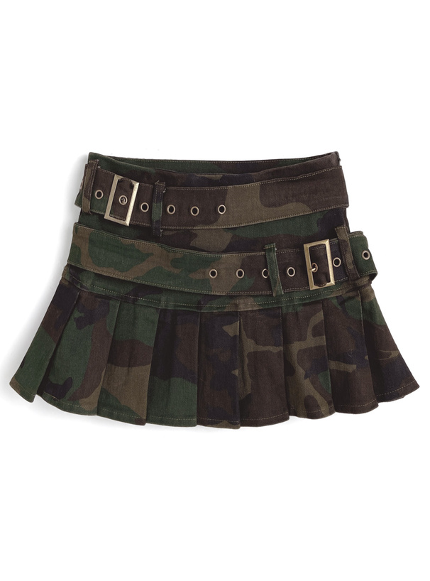 インパン付きカモフラージュ柄ダブルベルトプリーツミニスカート[gc339