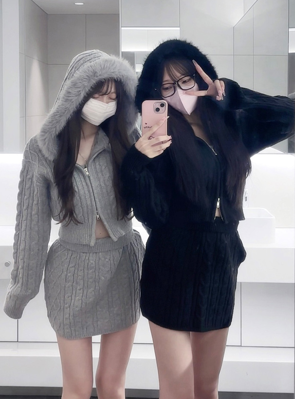 ケーブル編みファーニットパーカー×ミニスカートセットアップ[gf90a