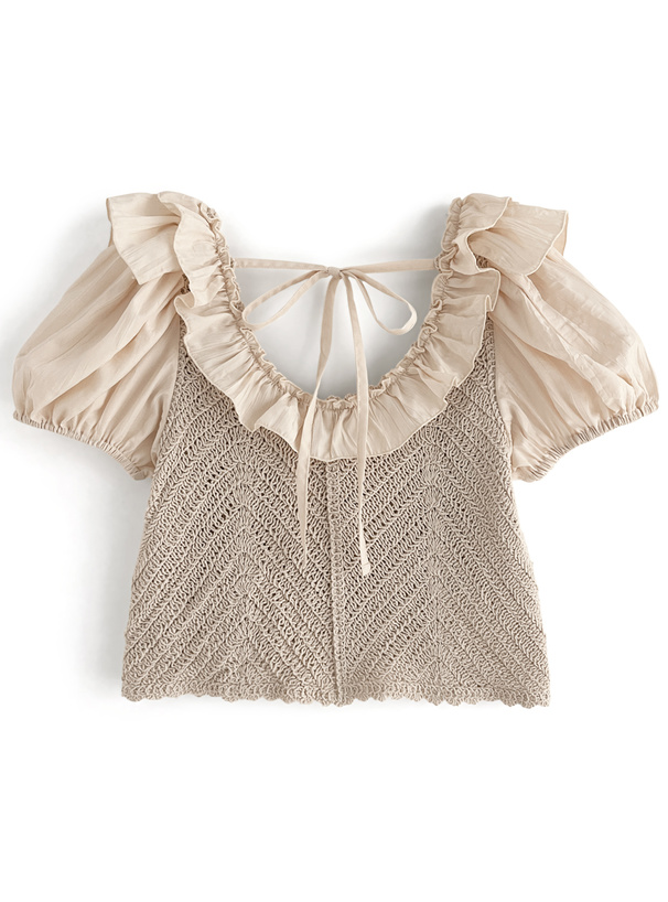 透かし編みクロスフリルバックリボントップス[dh1228] | レディース