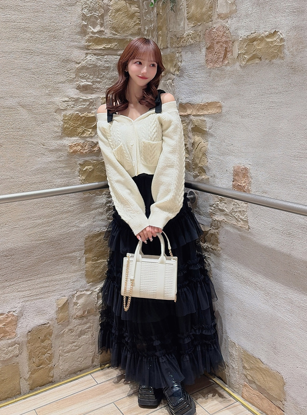 2WayVネックショルダーリボンケーブル編みニットトップス[dr840