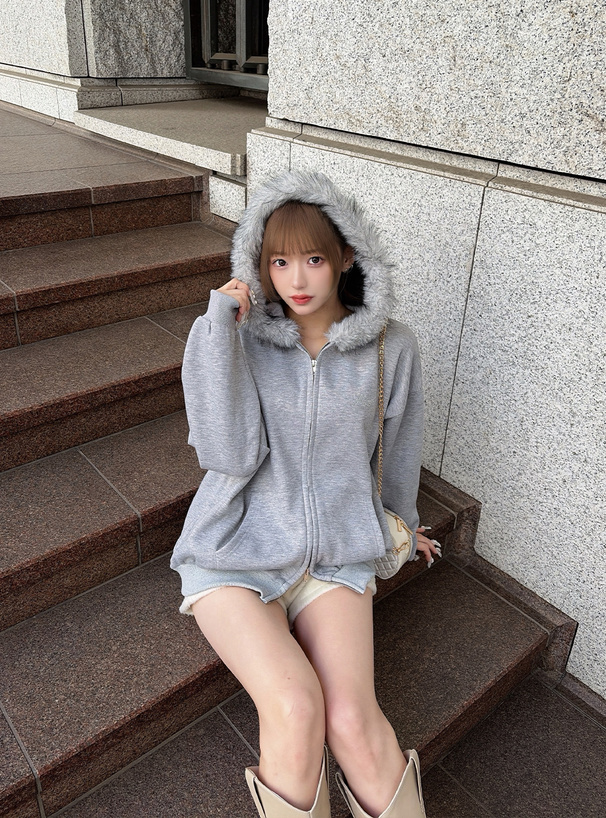 ファーフードダブルジップラメスウェットパーカー[fu306] | レディース