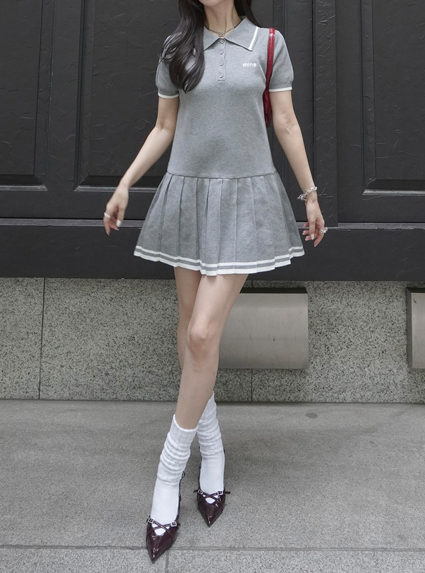 配色ラインロゴ刺繍プリーツニットミニワンピース[kz685] | レディース
