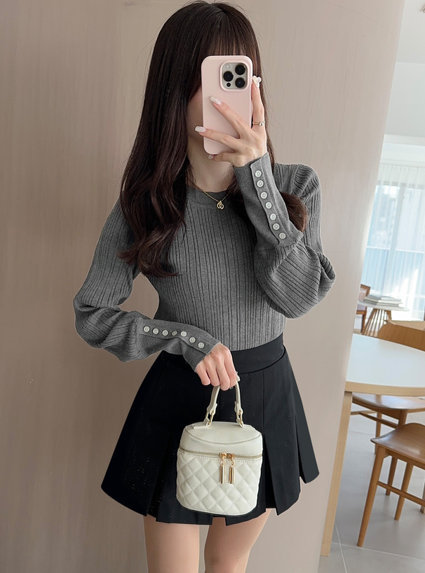 袖ボタンランダムリブニットトップス[kz233] | レディースファッション