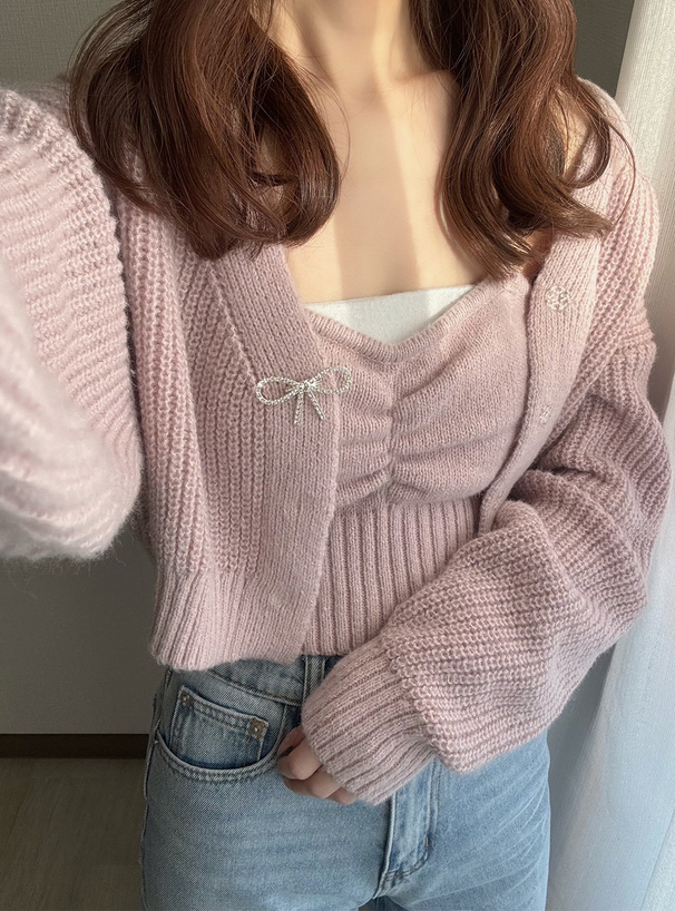 リボンブローチ付きカーディガン×ビスチェニットアンサンブル[mb1576