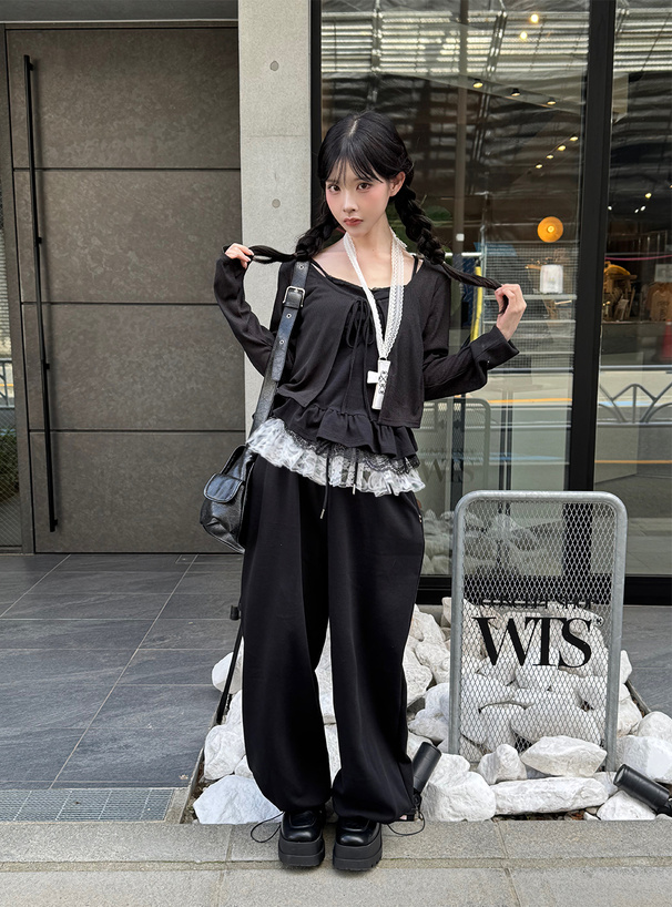 ビアズリー 裾レース ジャガード サルエルバギーパンツ グレー 23SS 裾