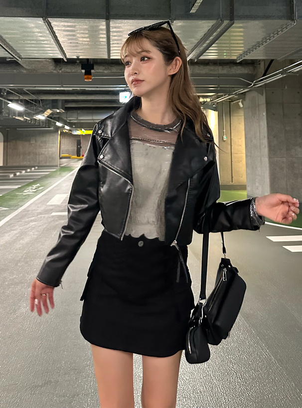 ショート丈レザーライダースジャケット[pp185] | レディース