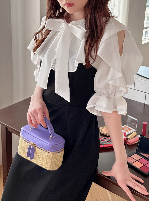 ボウタイフリルオープンショルダーマーメイドワンピース[tu601