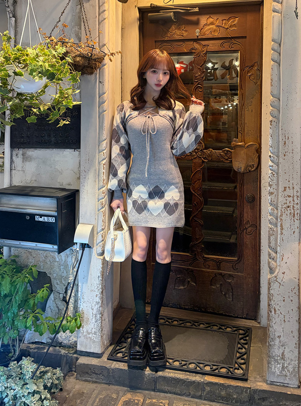 アーガイル柄レースアップボレロ×ミニワンピースニットアンサンブル