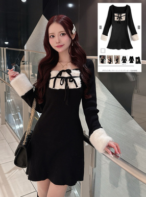 ダブルリボンファーニットミニワンピース[pm846] | レディース