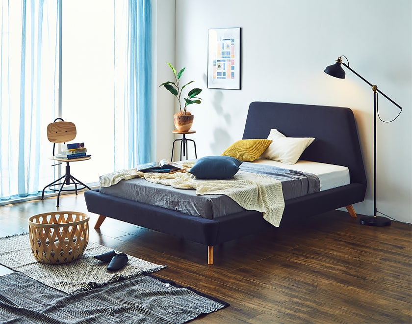 ファブリックベッド ダブル ベッドフレームのみ 木製 すのこ ネイビー